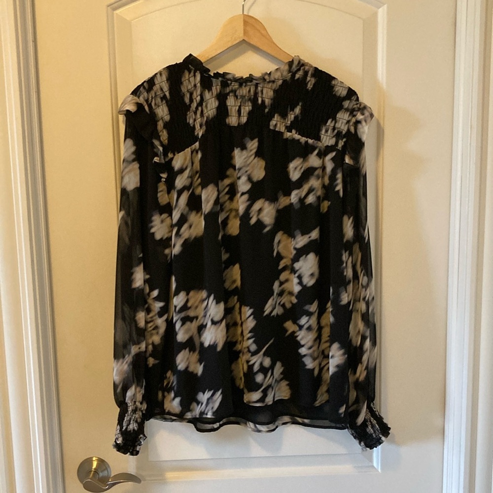 Calvin Klein Black Tan Mock Neck Floral Printed Top Long Sleeves Size XL